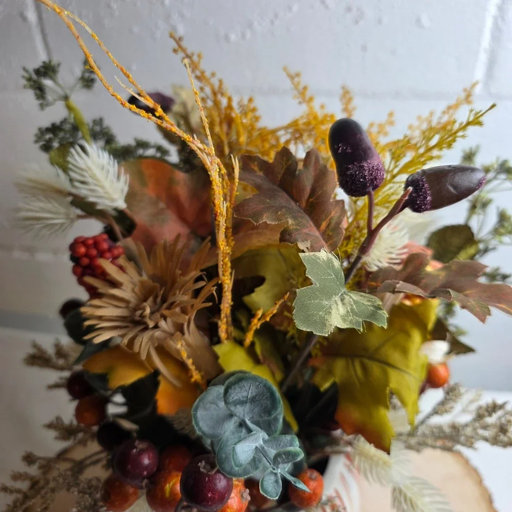 Fall Harvest Artificial Floral Arrangement in Striped Ceramic Pumpkin Pot